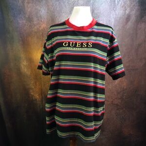GUESS Men's Black Striped Tee with Red & Green Accents